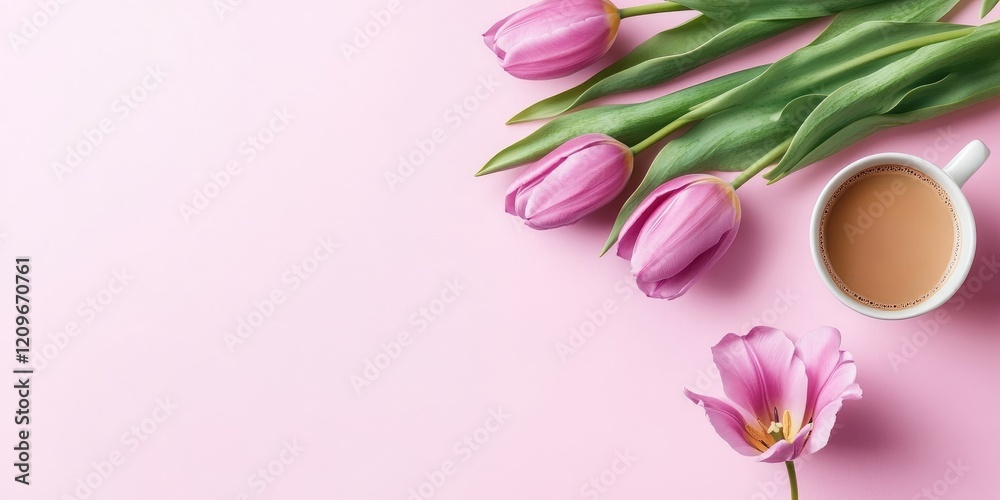 Obraz premium Violet tulips arranged on the left with a white coffee cup on the right against a soft pink backdrop, creating a serene Spring-themed flat lay.