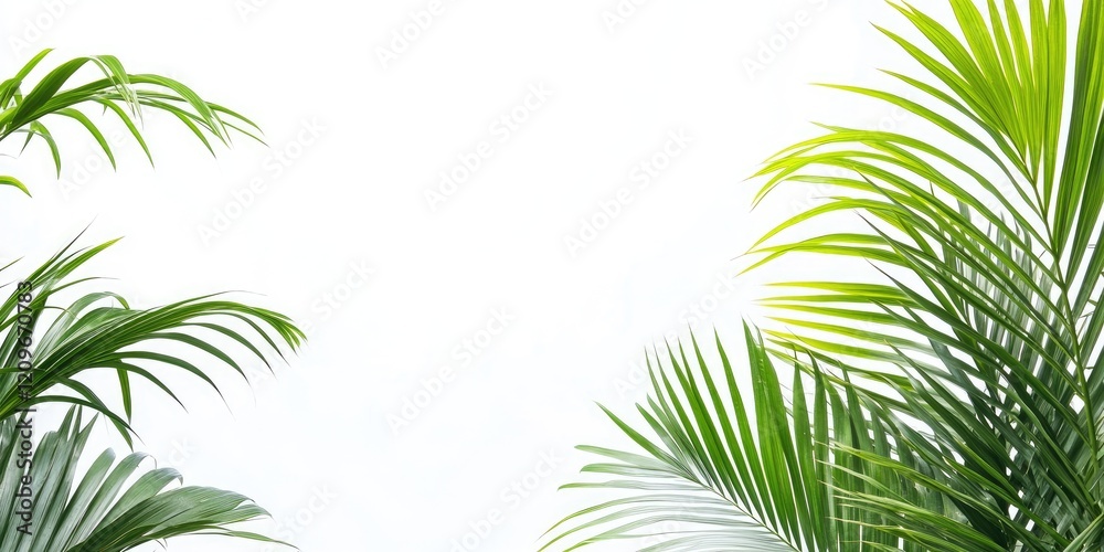 Vibrant green palm leaves positioned in the corners against a bright white backdrop creating a tropical decorative space for summer-themed text Vibrant green palm leaves positioned in the corners against a bright white backdrop creating a tropical decorative space for summer-themed text