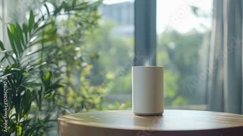 Portable Air Purifier on Modern Indoor Table with Green Plants and Natural Light for Wellness and Clean Air Concepts photo