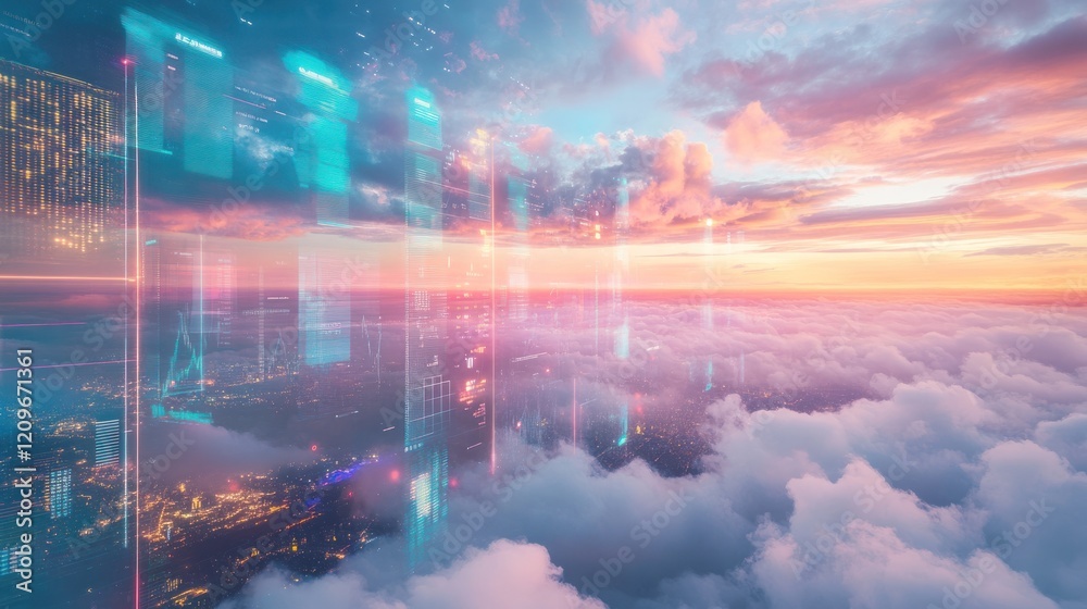 Fototapeta premium Futuristic city skyline reflected in clouds at sunset.