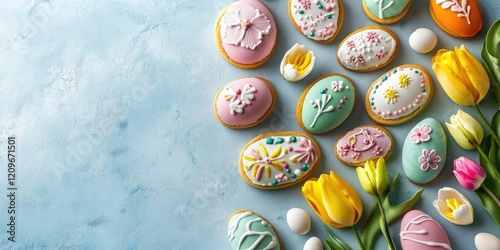 Colorful Easter cookies with intricate icing designs arranged amidst tulips and painted eggs on a light blue surface creating a festive spring theme photo