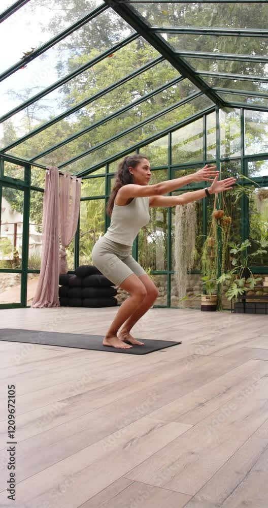 Vertical video: Practicing yoga, woman stretching on yoga mat in glass house