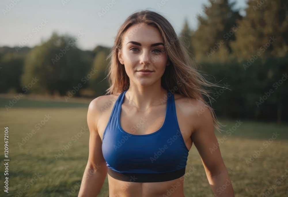 A woman wearing a sports bra is running actively through a park A woman wearing a sports bra is running actively through a park