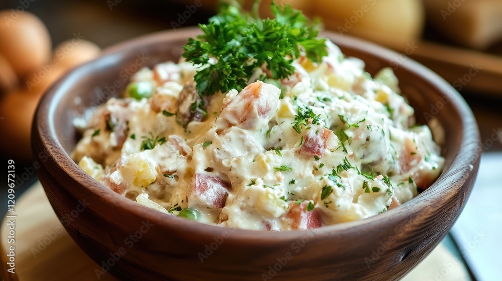 Traditional Russian herring salad with ingredients like potatoes, peas, and mayonnaise served in a wooden bowl garnished with parsley. Traditional Russian herring salad with ingredients like potatoes, peas, and mayonnaise served in a wooden bowl garnished with parsley.