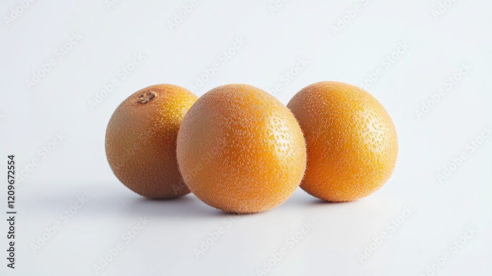 Three Vibrant Orange Kiwi Fruits on a Light Background with Ample Copy Space for Text or Branding Elements Three Vibrant Orange Kiwi Fruits on a Light Background with Ample Copy Space for Text or Branding Elements