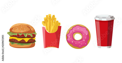 Fast food vector design Fast food illustration. Hamburger, fries, glazed donut and soft drink in a glass.