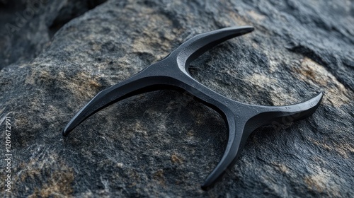 Black Wishbone Object Positioned on Textured Gray Stone Surface with Natural Lighting