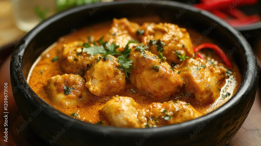 Delicious chicken curry presentation in a bowl garnished with herbs for fine dining experience in an upscale restaurant setting Delicious chicken curry presentation in a bowl garnished with herbs for fine dining experience in an upscale restaurant setting