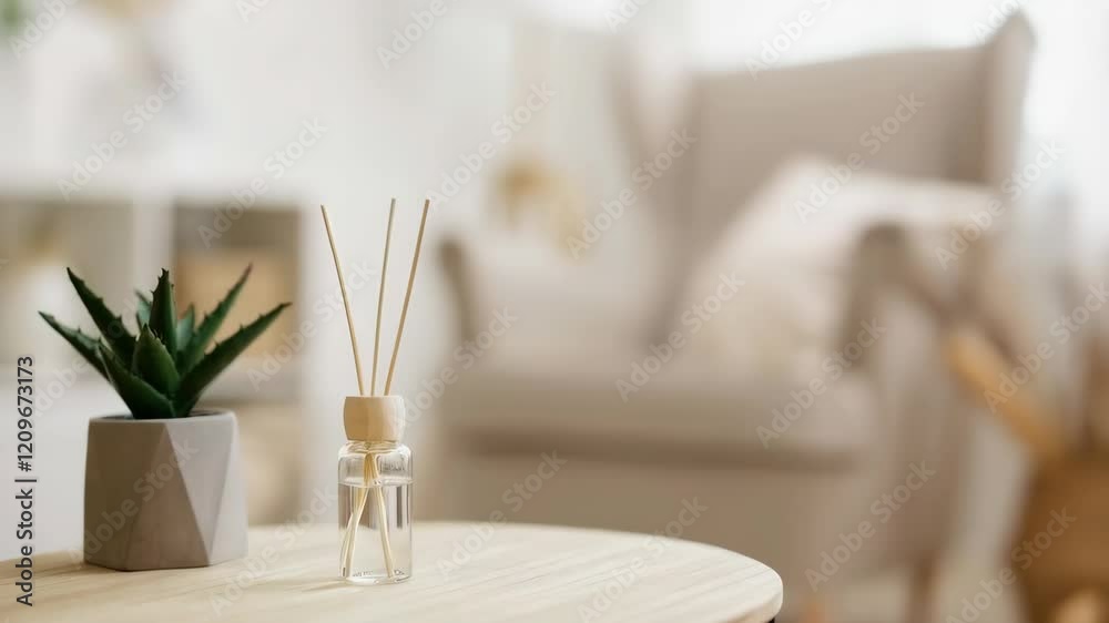 close up of reed diffuser and house plant aloe vera on wooden table in bright living room with scandinavian interior
