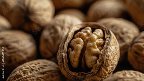 Close up of open walnuts surrounded by whole walnuts with a blurred rustic lounge background showcasing natural food presentation and decorative layout photo