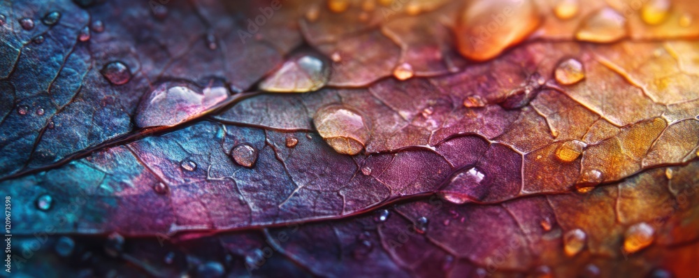 Fototapeta premium Abstract macro shot of dewdrops on a leaf, intricate and vibrant.