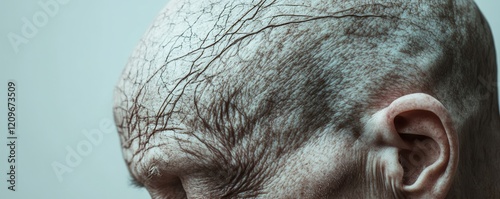 A close-up of a person's forehead, revealing the lines of thought and the stories they have experienced. photo