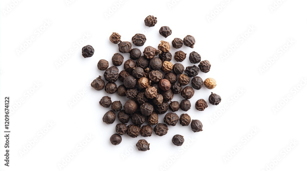 Peppercorns scattered on a clean white background highlighting their rich textures and colors for culinary or spice-related designs Peppercorns scattered on a clean white background highlighting their rich textures and colors for culinary or spice-related designs