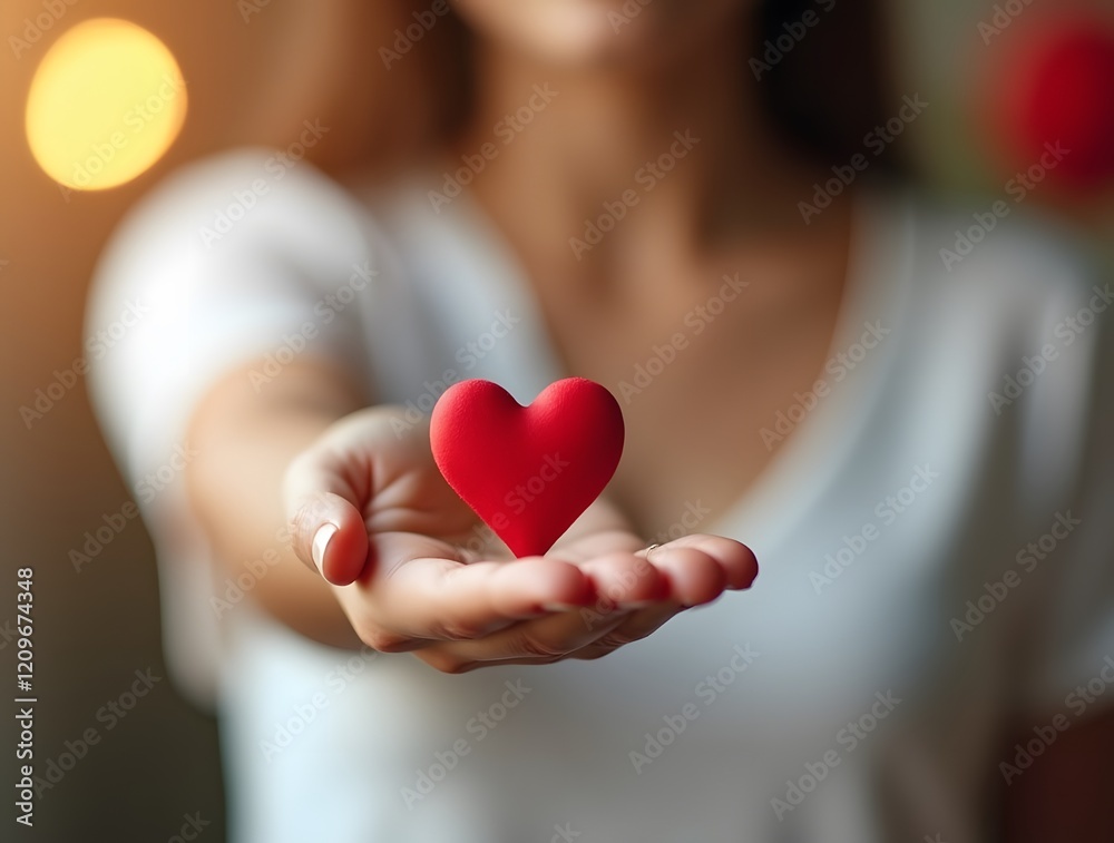 Woman Offering Red Heart Symbol of Love and Care Woman Offering Red Heart Symbol of Love and Care