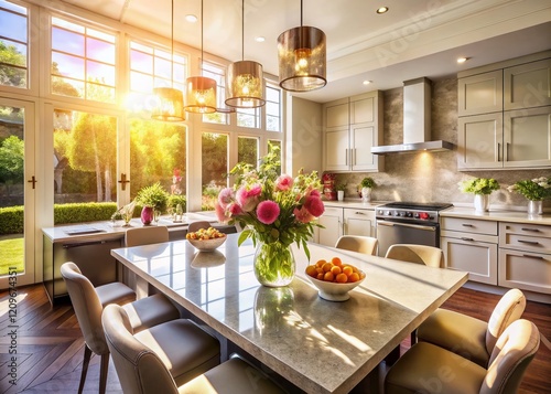 Drone View: Elegant Kitchen Dining Setup with Vibrant Flowers