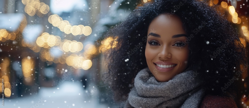 Smiling dark-skinned woman in a snowy city street adorned with Christmas lights and decorations, winter atmosphere with bokeh effect, space for text. Smiling dark-skinned woman in a snowy city street adorned with Christmas lights and decorations, winter atmosphere with bokeh effect, space for text.