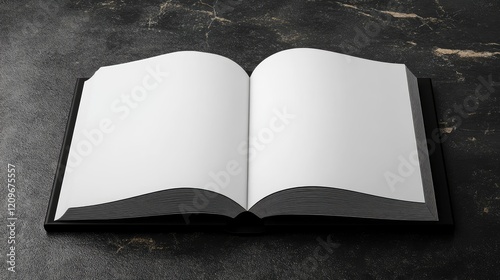 Black hardcover book with textured spine lying open on a dark textured surface, featuring empty white pages and a clean layout.