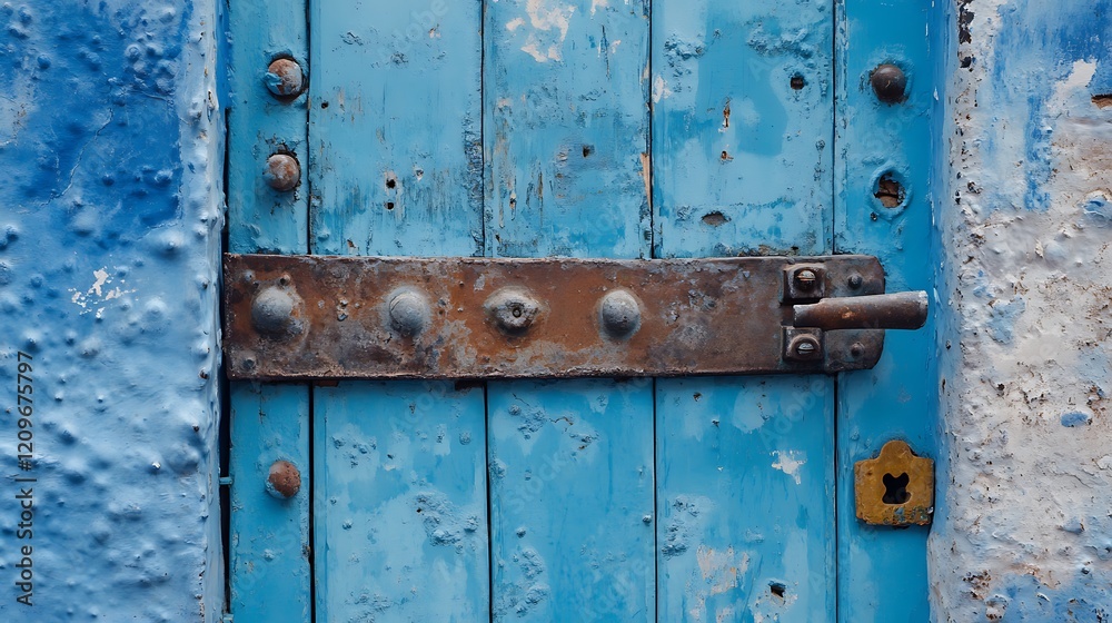 Blue painted wall with blue door and rusty iron door. Abstract background. Blue painted wall with blue door and rusty iron door. Abstract background.