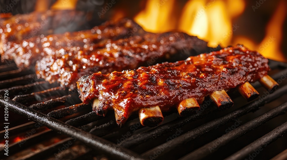 Grilled BBQ Ribs Glazed with Sauce Over Flames Creating a Delicious Barbecue Experience Grilled BBQ Ribs Glazed with Sauce Over Flames Creating a Delicious Barbecue Experience