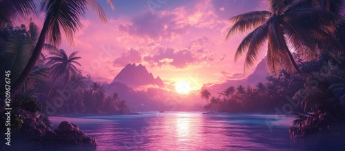 Tranquil tropical island oasis at sunset with vibrant purple and pink hues reflecting on calm water surrounded by lush palm trees and mountains. photo