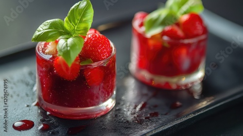 Wallpaper Mural Delightful Strawberry Jelly Dessert Garnished with Fresh Basil Leaves Ready to Serve on a Black Plate Torontodigital.ca