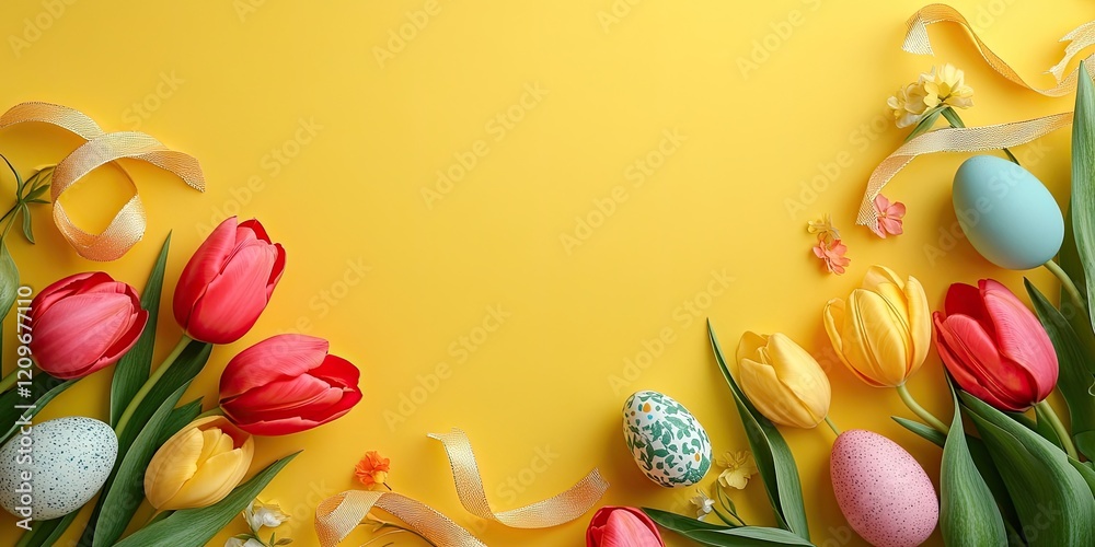 Fototapeta premium Colorful Easter eggs nestled among vibrant red and yellow tulips on a bright yellow background with soft decorative ribbons and space for text.