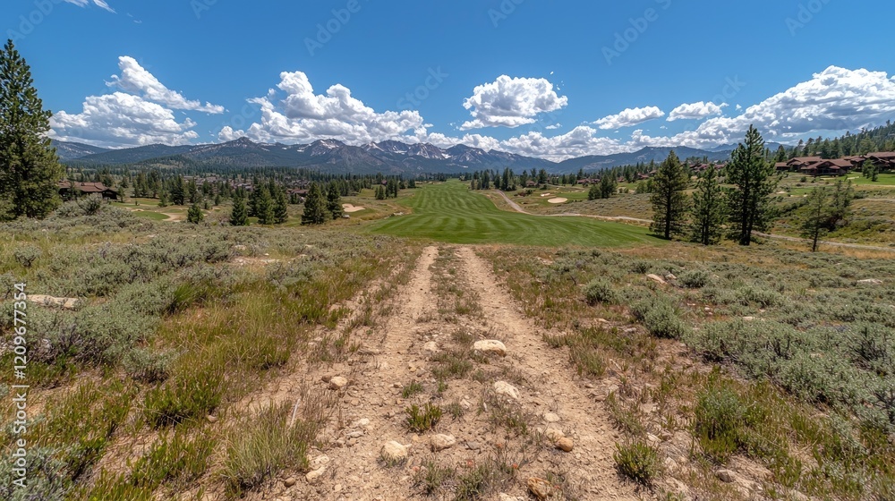 Mountain golf course fairway, dirt path, sunny day, blue sky. Real estate, travel Mountain golf course fairway, dirt path, sunny day, blue sky. Real estate, travel