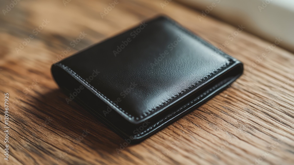 Black Leather Wallet Resting on Textured Wooden Table Surface in Soft Natural Light Black Leather Wallet Resting on Textured Wooden Table Surface in Soft Natural Light