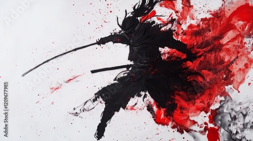 Abstract ink painting of samurai warrior, dramatic black and red splashes, traditional Japanese art style, dynamic pose, intense and captivating visual impact