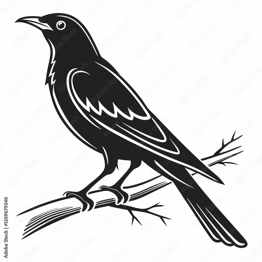 Obraz premium Intricate Silhouette of a Raven Perched on a Branch