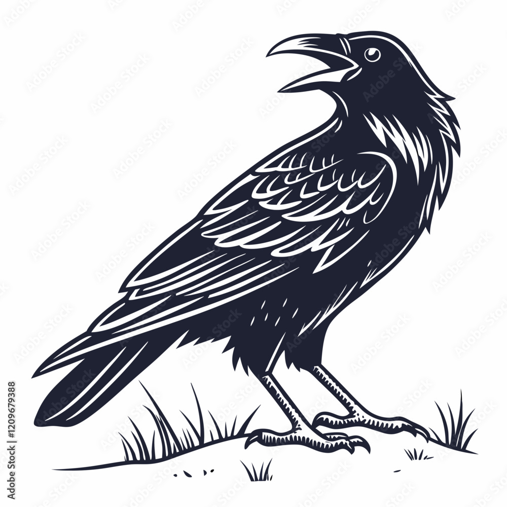 Obraz premium Intricate Silhouette of a Raven Perched on a Branch