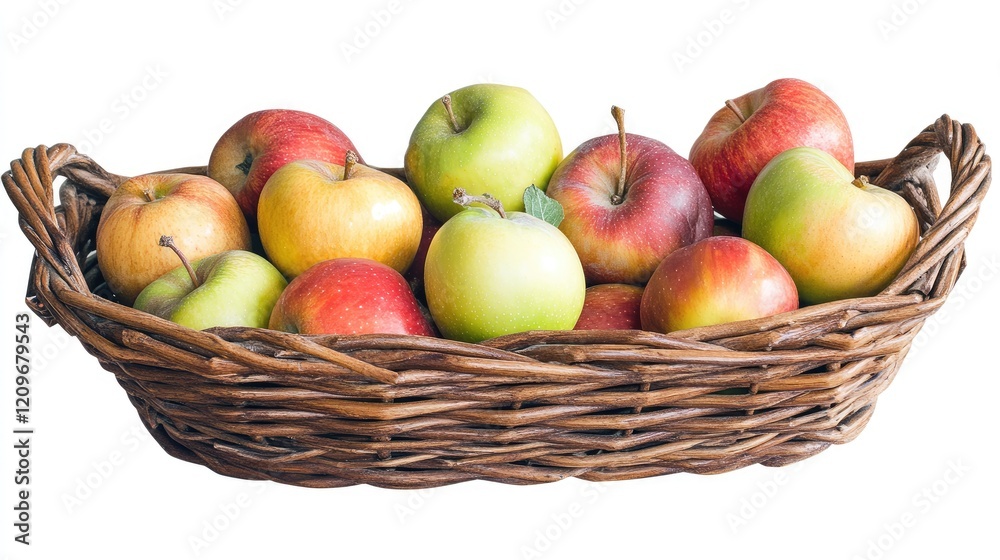 Straw basket overflowing with fresh apples in various colors with a space for custom text or branding purposes Straw basket overflowing with fresh apples in various colors with a space for custom text or branding purposes