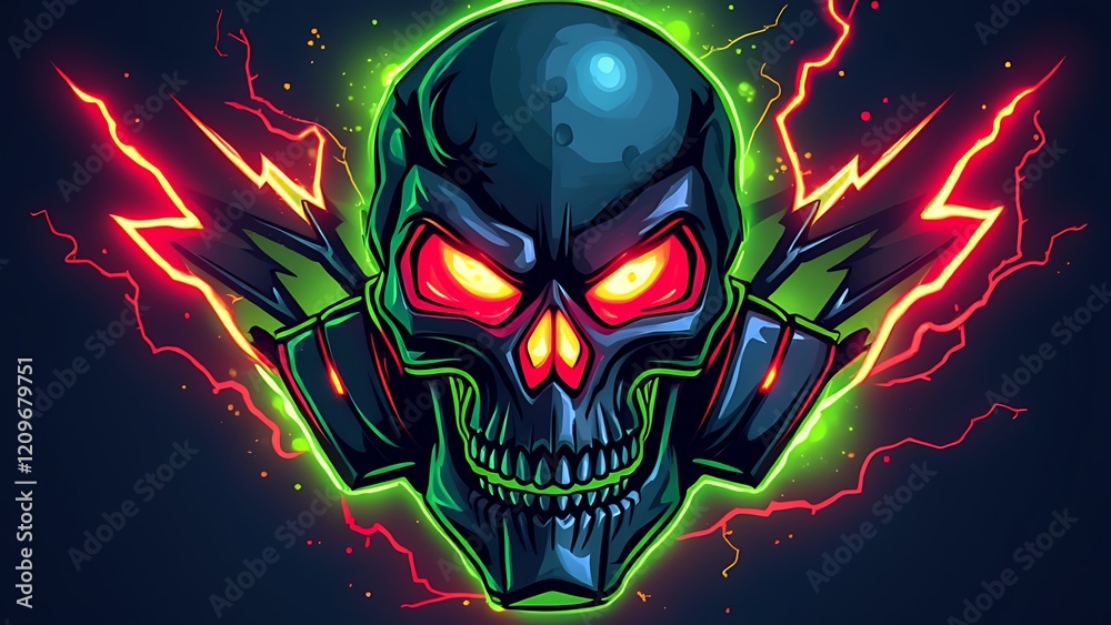 gaming logo featuring a stylized skull with glowing red eyes, neon green accents, and sharp angular typography. Add lightning effects to give it an electrifying look. gaming logo featuring a stylized skull with glowing red eyes, neon green accents, and sharp angular typography. Add lightning effects to give it an electrifying look.