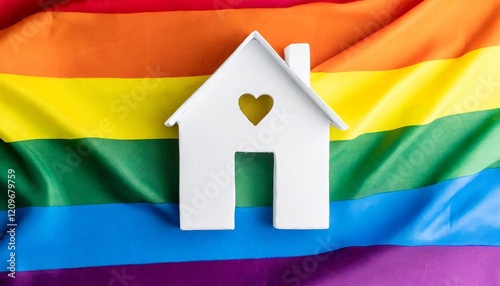 A white little house with heart shape, rooftop and door on a rainbow flag. Gay, lesbian and LGBTQ home, property, housing or shelter concept.