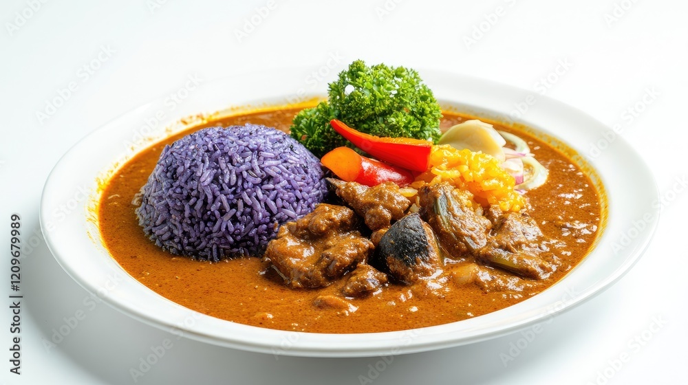 Delicious curry dish served with vibrant blue pea rice and assorted vegetables on a white plate against a clean white background Delicious curry dish served with vibrant blue pea rice and assorted vegetables on a white plate against a clean white background