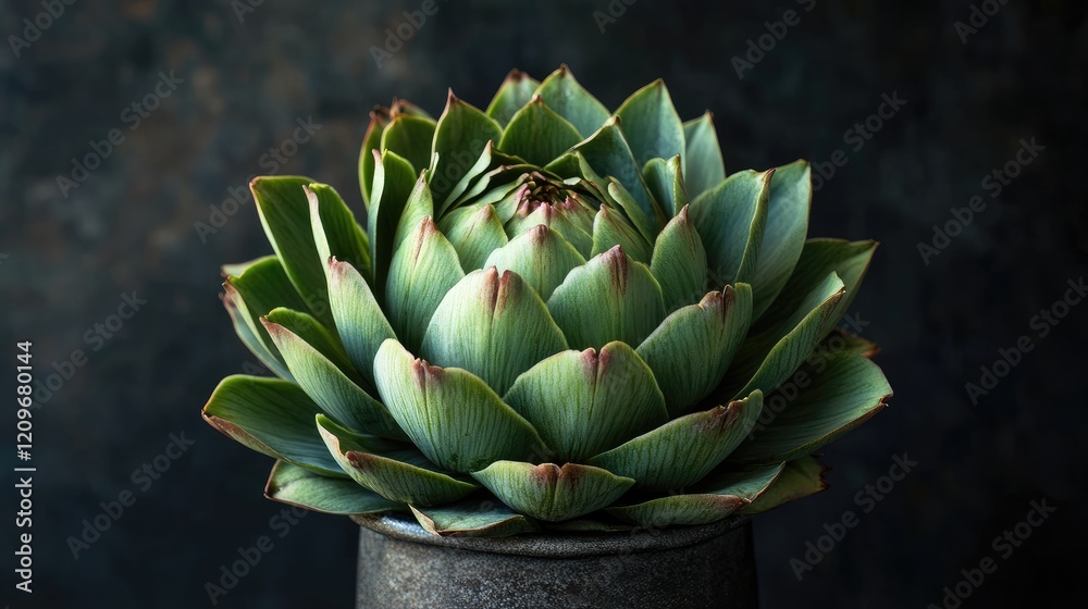 Obraz premium Artichoke centerpiece in a modern vase with a dark textured background showcasing botanical elegance and natural beauty.