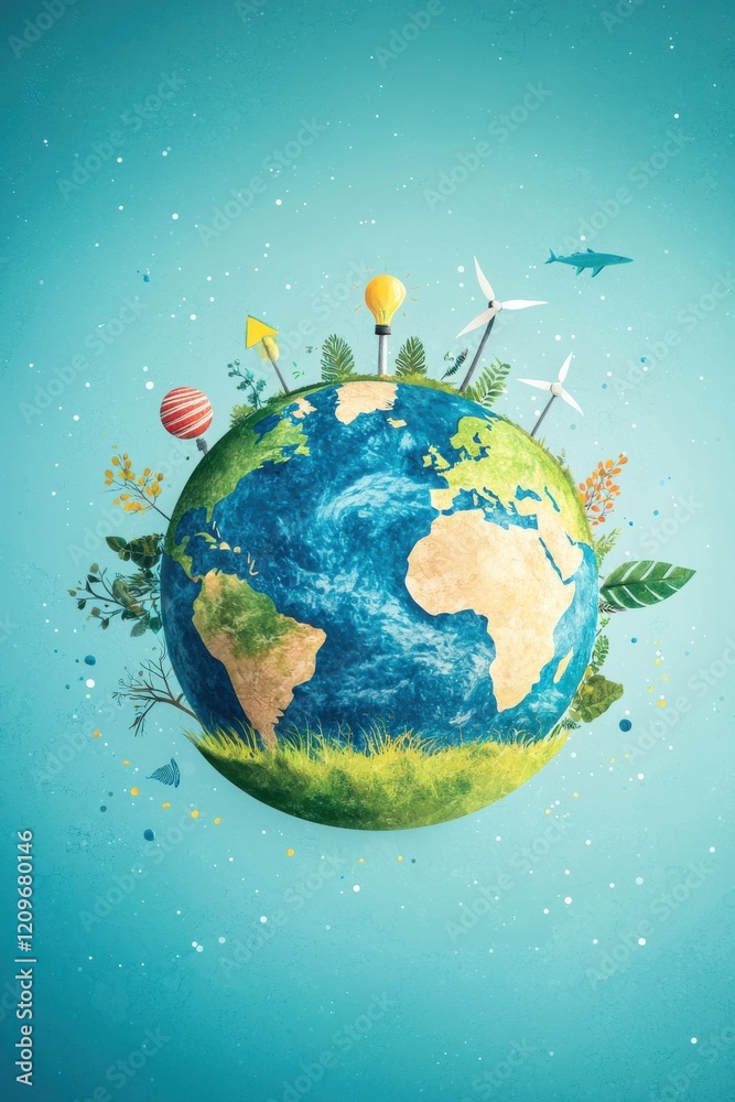 Naklejka premium Illustration of Earth wrapped in renewable energy and water conservation symbols