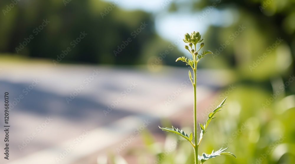 Solitary roadside plant: a serene summer bloom in soft focus Solitary roadside plant: a serene summer bloom in soft focus