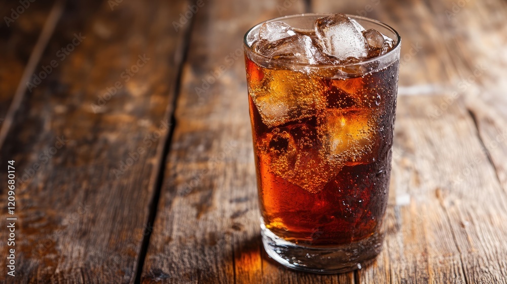 Refreshingly cold soft drink with ice cubes served in a glass on a rustic wooden table setting Refreshingly cold soft drink with ice cubes served in a glass on a rustic wooden table setting