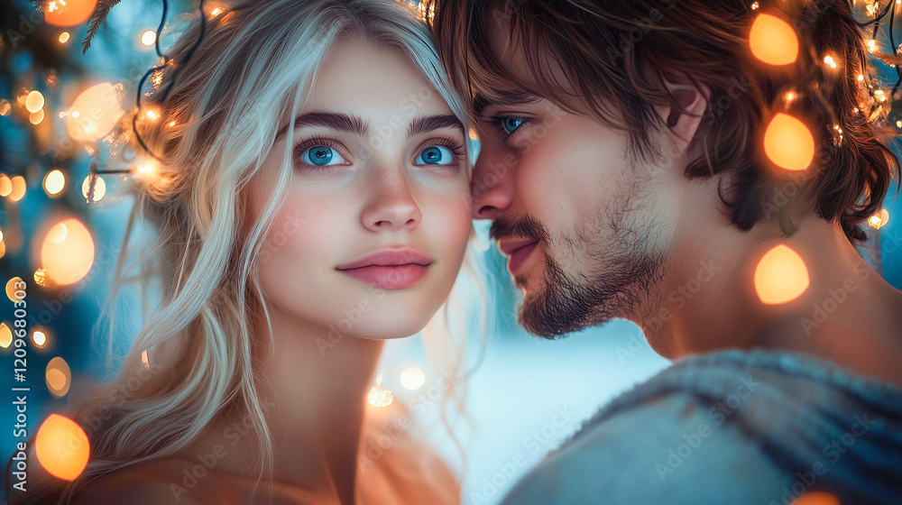 Couple enjoys a romantic moment under twinkling lights during a winter evening in a snowy landscape Couple enjoys a romantic moment under twinkling lights during a winter evening in a snowy landscape