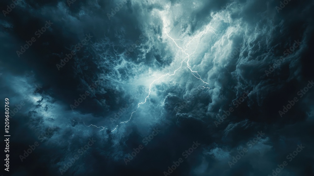 Dramatic Storm Clouds with Lightning and Rain Illuminating a Dark Atmospheric Sky from Above Dramatic Storm Clouds with Lightning and Rain Illuminating a Dark Atmospheric Sky from Above