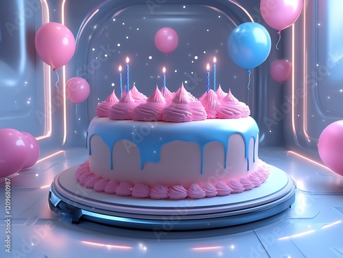 Festive cake, candles, balloons, futuristic room, birthday