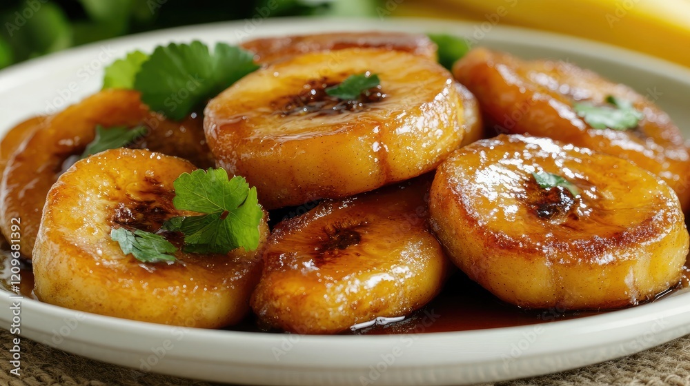 Crispy Fried Bananas Drizzled with Honey Garnished with Fresh Herbs on a White Plate Crispy Fried Bananas Drizzled with Honey Garnished with Fresh Herbs on a White Plate