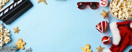 Yuletide cinema strip concept. Top view of film clapper, 3D glasses, mouthwatering popcorn, Santa's hat, festive baubles, sweets, gingerbread man on light blue surface with space for movie