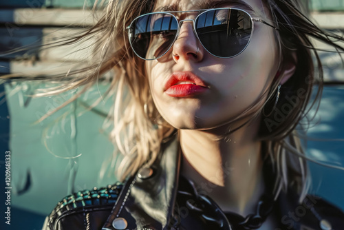 Rocker girl in sunglasses, rocking an effortlessly cool and rebellious look, standing out with her confident attitude and stylish vibe in an urban, energetic atmosphere