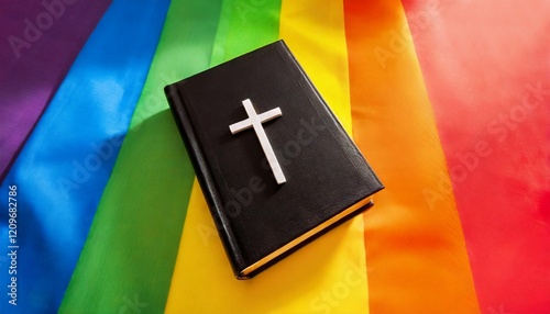 Bible with a cross laying on a rainbow flag. Religion and Christian faith supporting gay, lesbian and LGBT rights concept. Christianity preaching tolerance, acceptance and religious inclusion.
