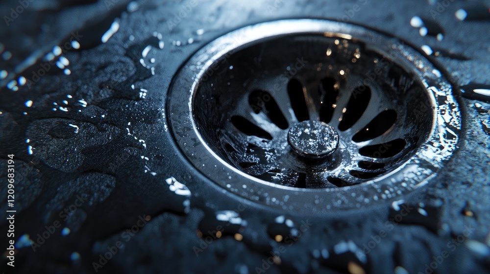 Kitchen sink drain with water droplets showcasing modern design and sleek surface textures in a contemporary setting. Kitchen sink drain with water droplets showcasing modern design and sleek surface textures in a contemporary setting.