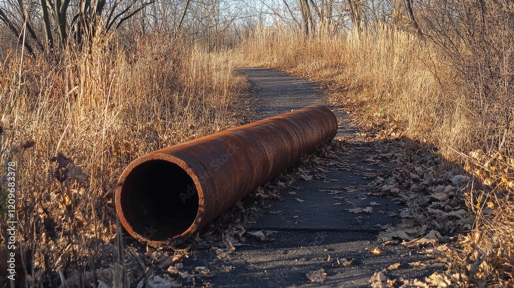 Rusty steel pipe on a deserted walking pathway surrounded by dry grass and fallen leaves in an overgrown outdoor setting. Rusty steel pipe on a deserted walking pathway surrounded by dry grass and fallen leaves in an overgrown outdoor setting.