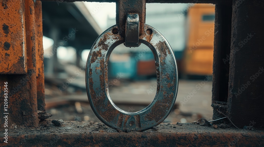 Rusty steel horseshoe hanging in an industrial setting showcasing weathered metal and urban decay aesthetic. Rusty steel horseshoe hanging in an industrial setting showcasing weathered metal and urban decay aesthetic.