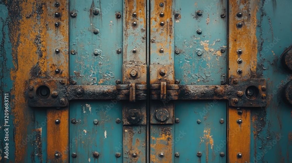 Rustic steel folding gates with weathered paint and vintage hardware showcasing a blend of blue and rust textures on a sturdy structure. Rustic steel folding gates with weathered paint and vintage hardware showcasing a blend of blue and rust textures on a sturdy structure.